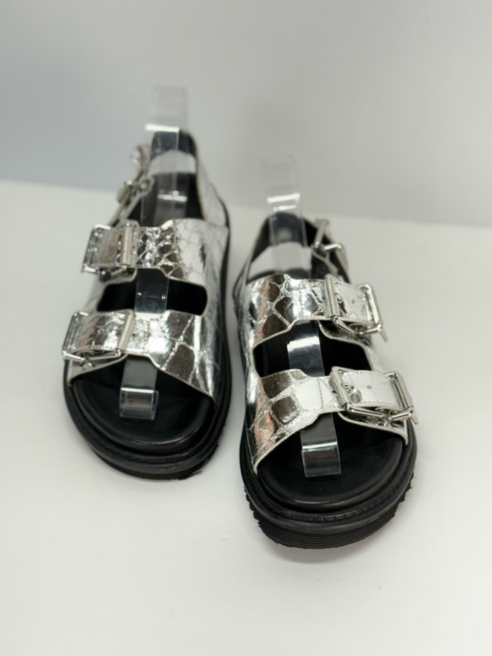 ZADIG & VOLTAIRE Silver reptile imprint Metallic Buckle Platform Sandals size 7 - Picture 2 of 9